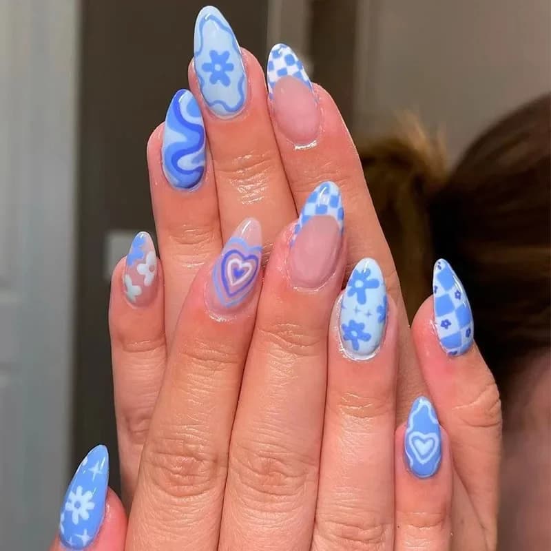Set of 24 Fin Nails Press-on with Heart Design for Girls and Women, Gift, Nail Art, Medium Form to Mandorla, Blue, French 2025, with Colla, Economic
