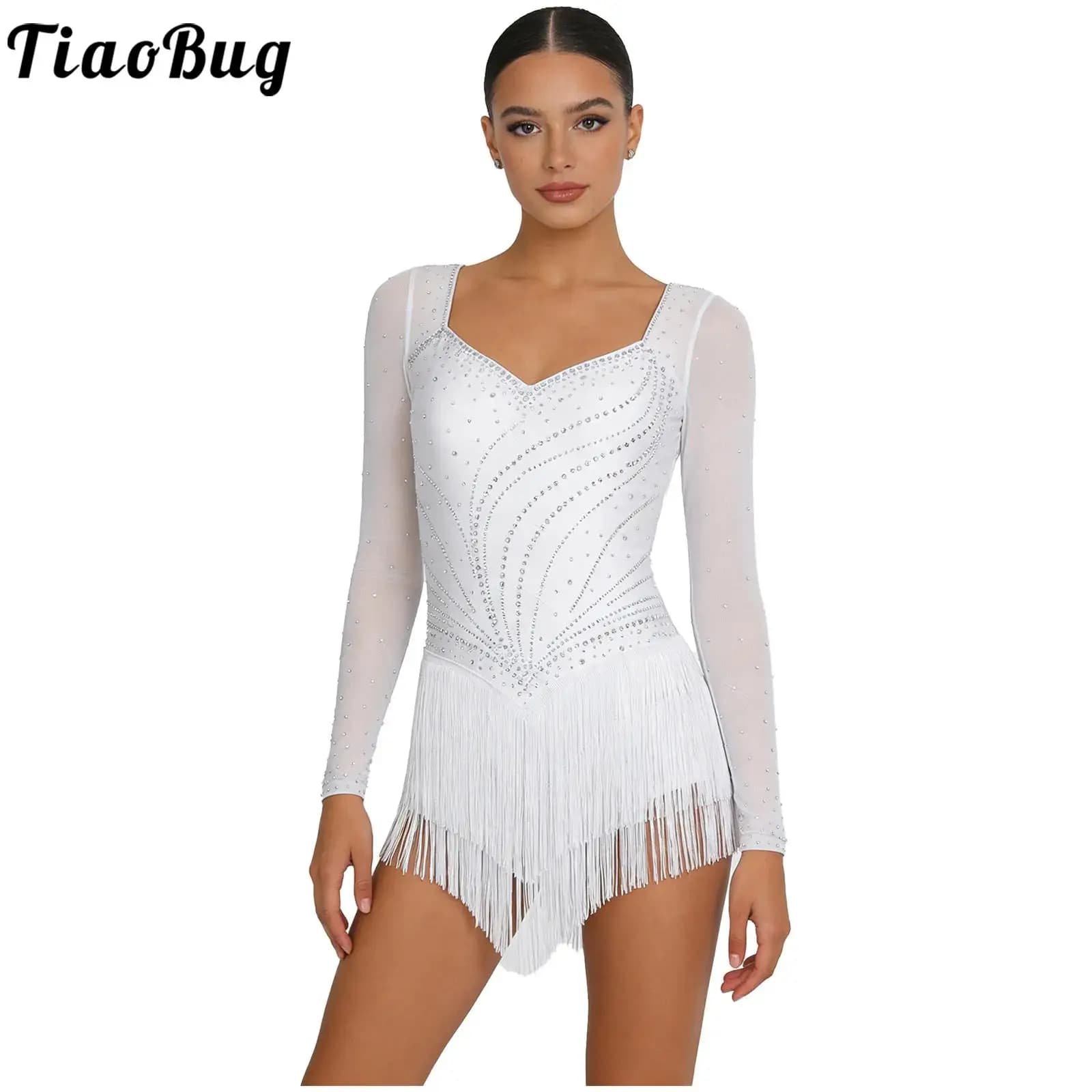 Vestito da ballo latino da donna Pattinaggio Cha-cha Samba Tango Performance Costume Maglia a maniche lunghe Strass Nappe Body Dancewear