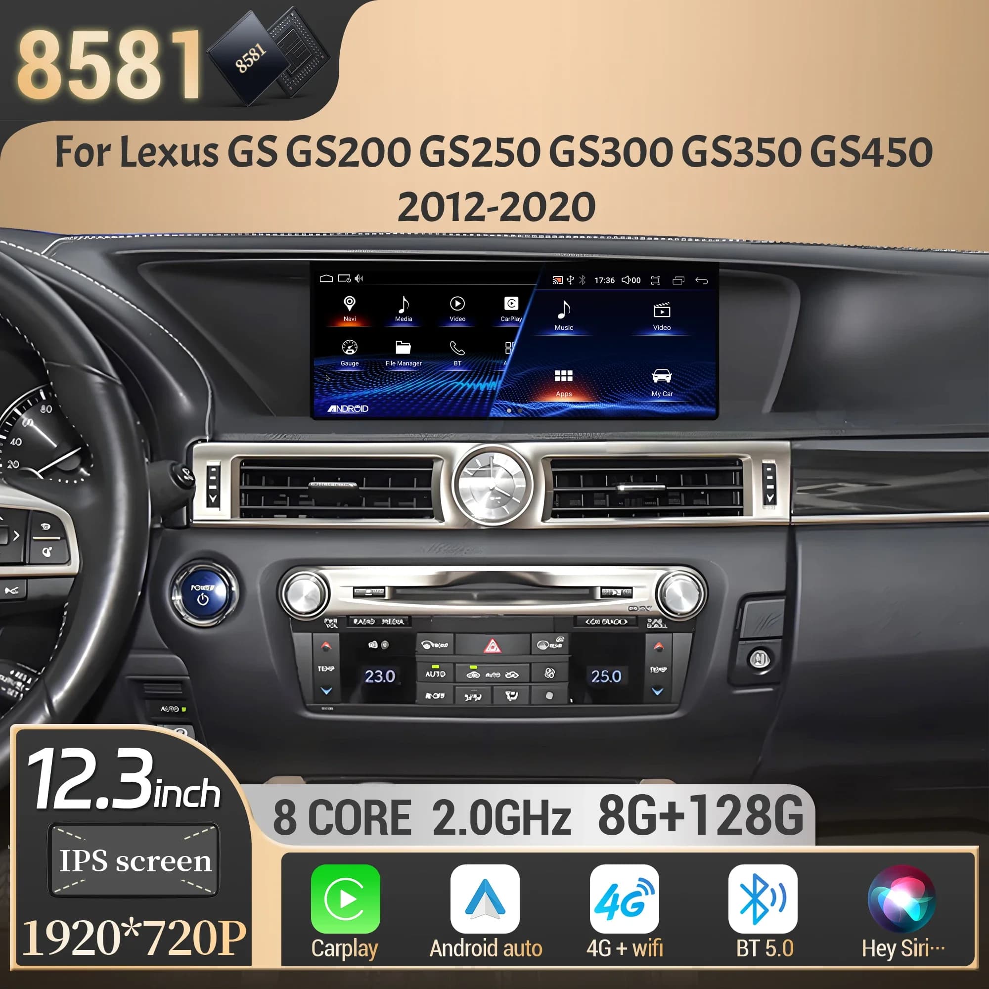 12.3 pollici Per Lexus GS GS200 GS250 GS300 GS350 GS450 2012-2020 Autoradio Multimedia Carplay Multimedia di Navigazione 4G GPS Schermo