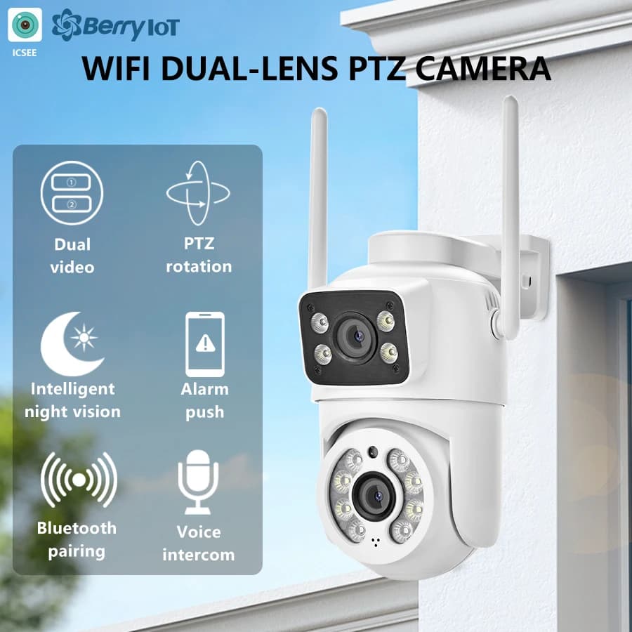 Telecamera di sorveglianza esterna impermeabile da 4 MP Doppia lente Doppio schermo Monitoraggio automatico Video IP Wifi Telecamera PTZ CCTV Audio bidirezionale ICSEE