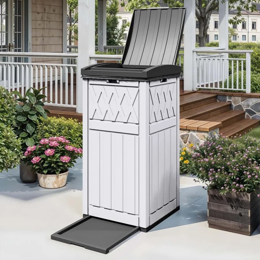 31 Gallon Large Outdoor Trash Bin Waterproof Resin Garbage Can with Lid and Drip Tray Waste Container for Porch Backyard White