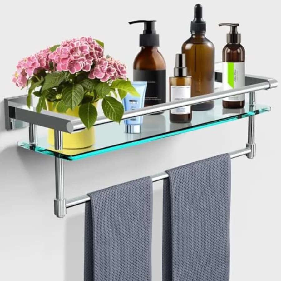 Mensola in Vetro per Bagno con Portasciugamani, Organizzatore da Parete, Porta Asciugamani in Acciaio Inox SUS304