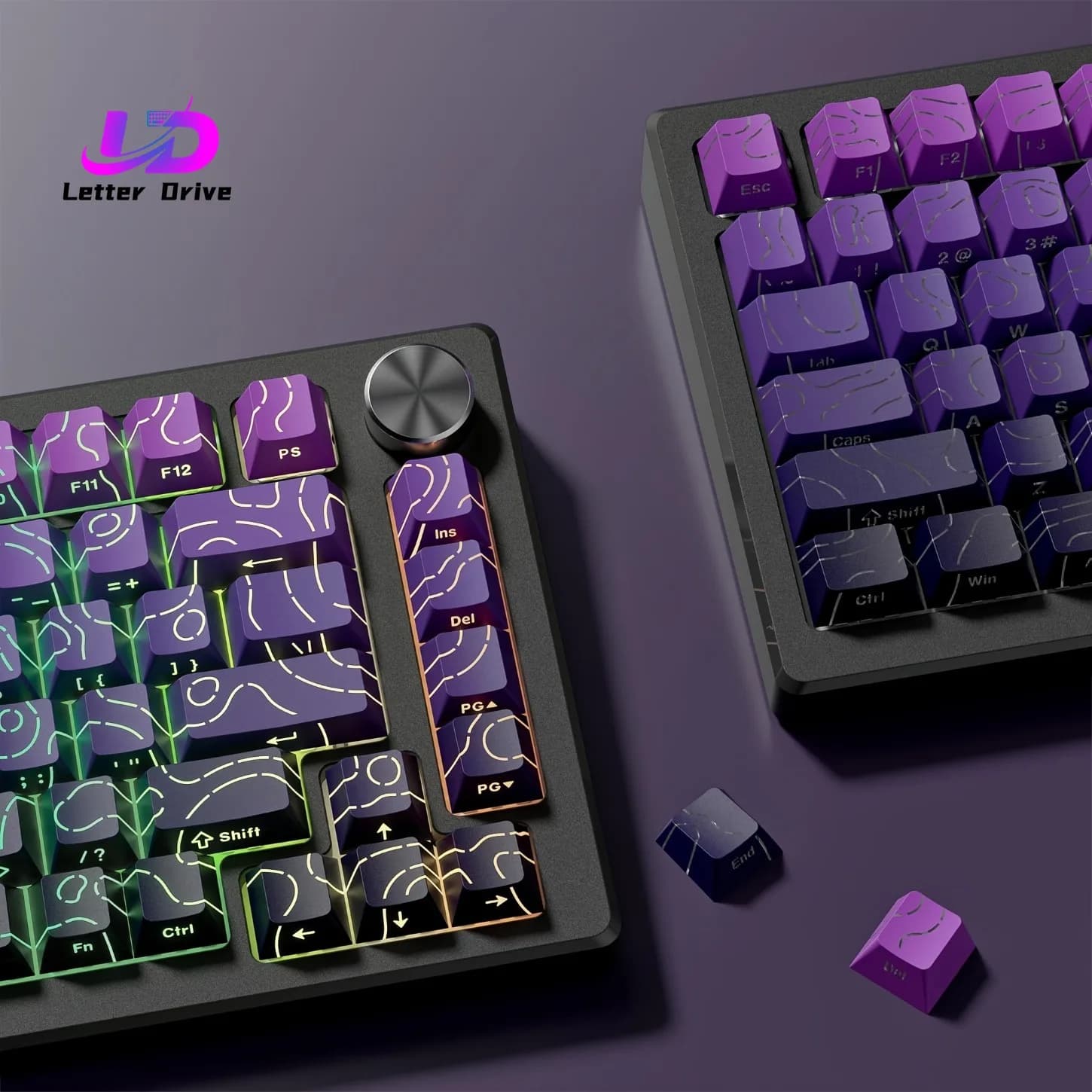 Keycaps PBT OEM 2026 con profilo 133+ tasti, motivo crack sfumato a contorno, nero viola con stampa laterale per tastiere meccaniche da 61-108 tasti