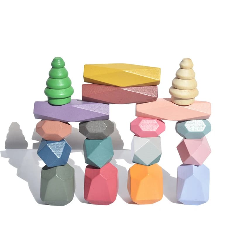18 pezzi di blocchi di costruzione di rocce impilabili in legno, pietre di legno massello colorate giochi educativi prescolari giocattoli per bambini piccoli