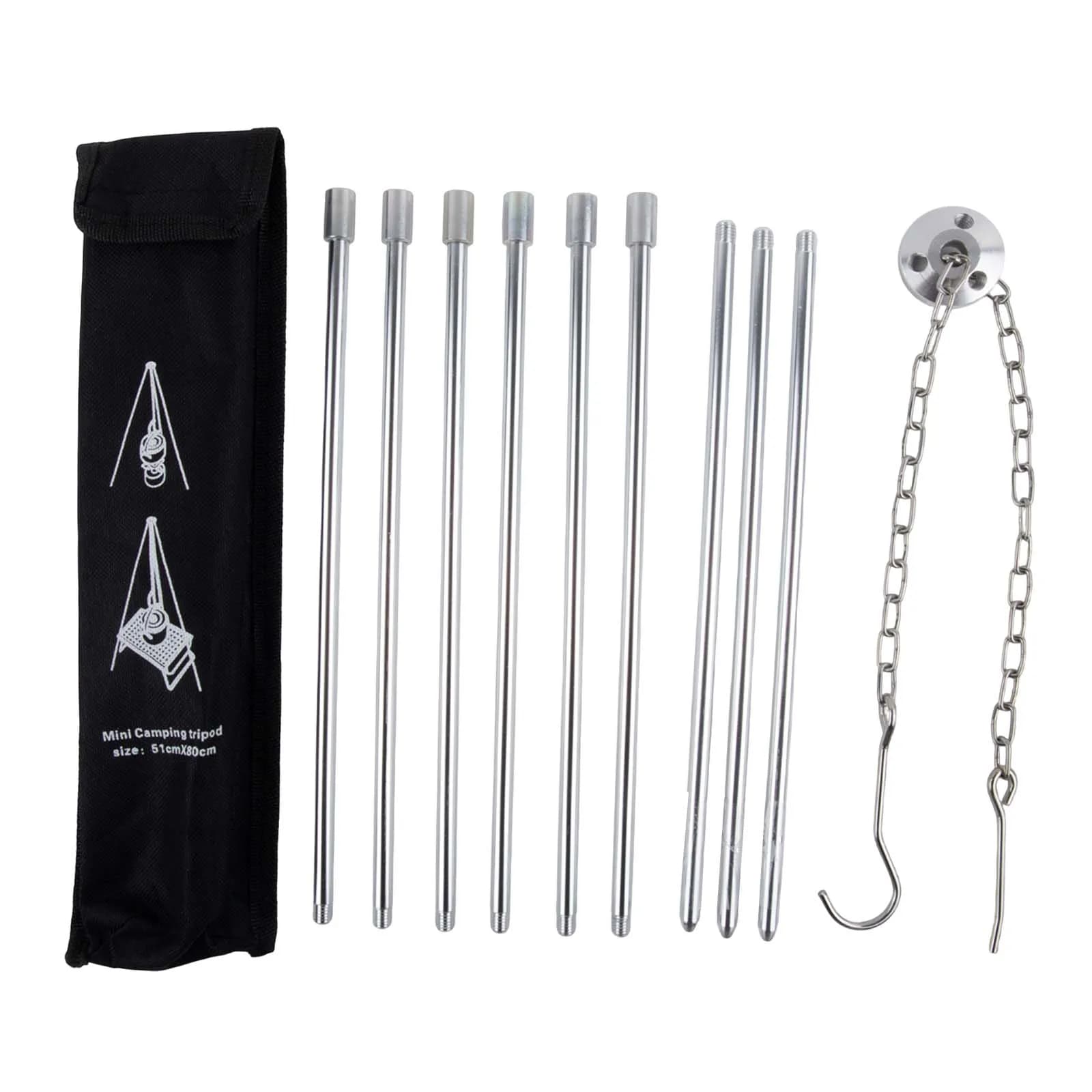 Aluminum light camping tripod with 3 legs, adjustable height up to 80 cm, for hanging Dutch pots, coffee maker or lanterns