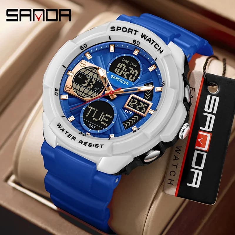SANDA Fashion Trend Uomo Sport Orologio al quarzo Doppio display Impermeabile Timer luminoso Sveglia Orologio digitale a LED per giovani Reloj
