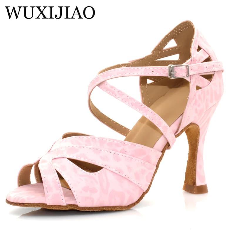 WUXIJIAO Scarpe da ballo latino Scarpe da ballo sociali da donna in PU leopardo rosa Salsa Scarpe da ballo con suola morbida
