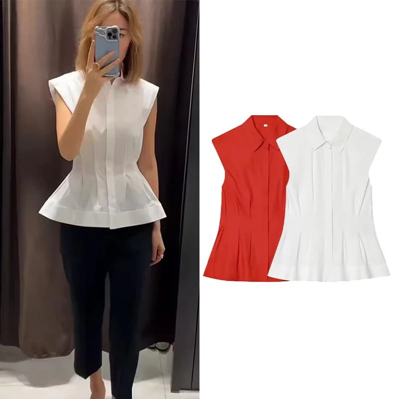 Camicia Plissettata da Donna Nuova Collezione Primavera Estate 2026 Vintage con Colletto a Risvolto Senza Maniche, Camicette e Bluse da Donna con Orlo Svasato Semplice, Top da Donna