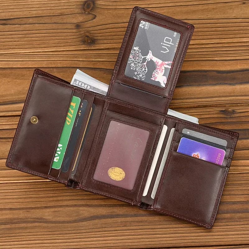 Portafogli da uomo in vera pelle, bifold, con tasca portamonete con cerniera, blocco RFID, stile urbano minimalista, sottile, da tasca frontale