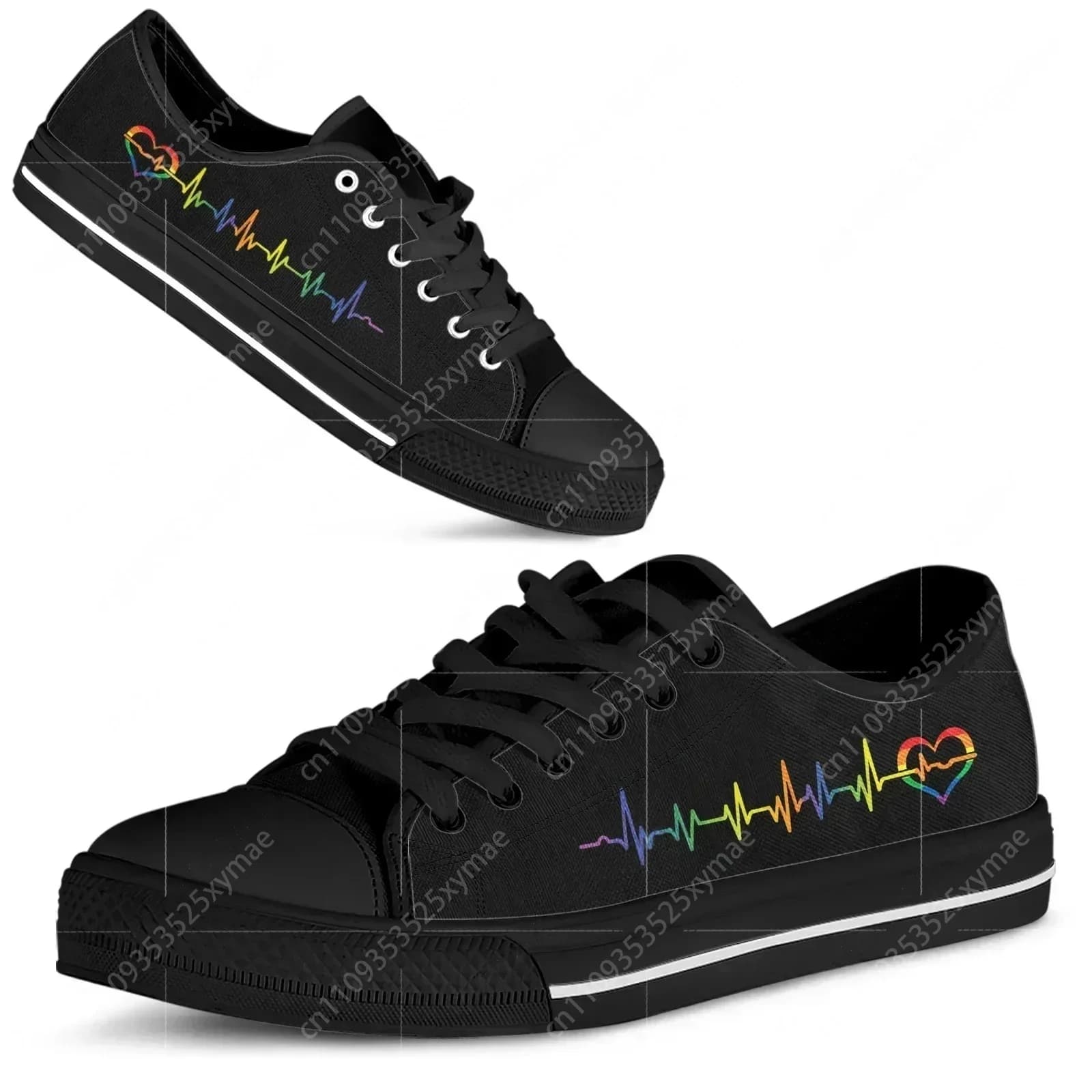LGBT Pride Heartbeat Black Women Canvas Low Top Vulcanized Sneakers Rainbow Lace-up Flat Shoes Zapatos Mujer Designer