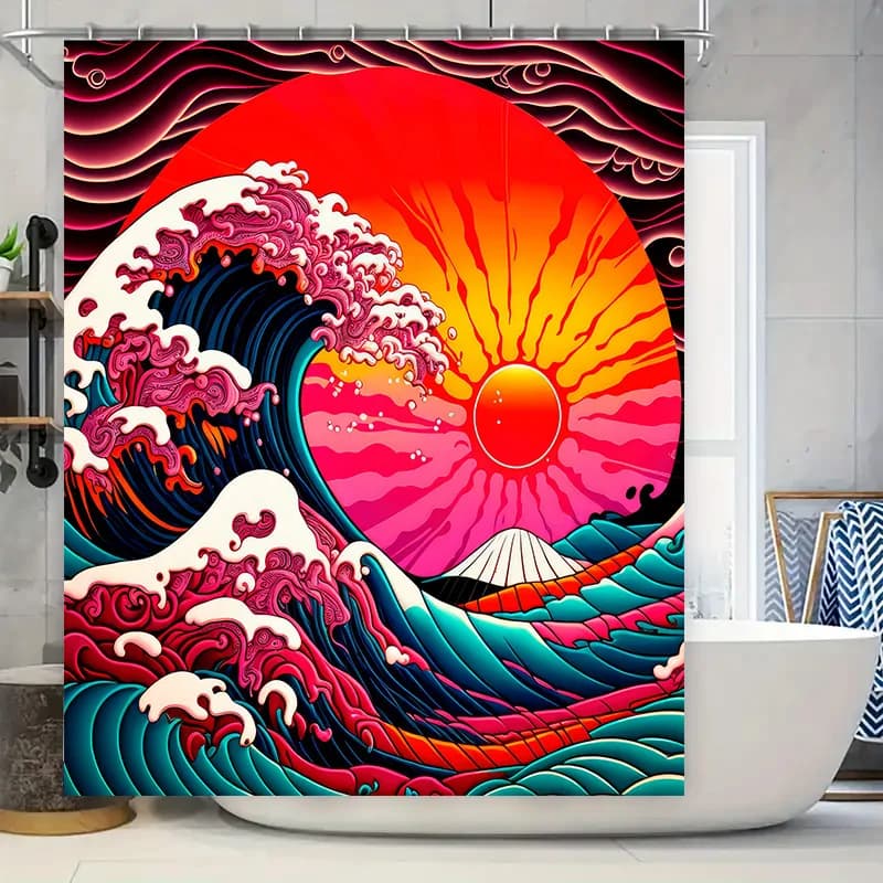 Japanese Ukiyo-e Colorful Great Wave Red Sun Mount Fuji Print Shower Curtain Waterproof Mildew Resistant With Plastic Hooks Easy