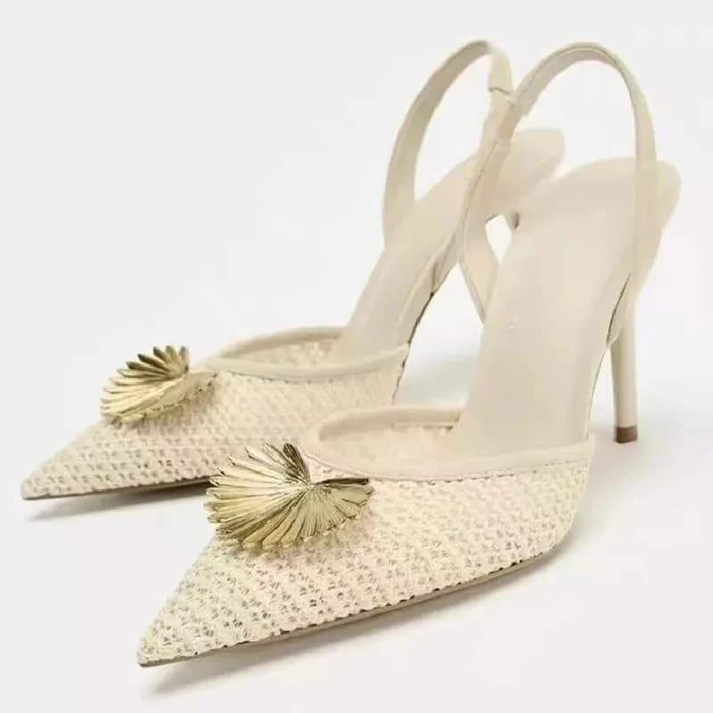 Women's Embroidered Mesh Sexy Décolleté Sandals Metal Decoration Elegant Sandals with High Heel Brand Signed Wedding Shoes