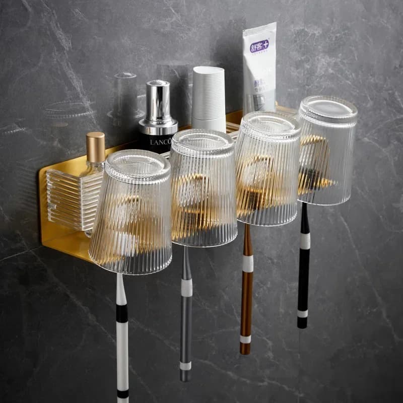 Brushed Gold Toothbrush Holder Aluminum Wall Mounted Toilet Toothbrush Cup Holder Bathroom Storage Rack Bathroom Accessories
