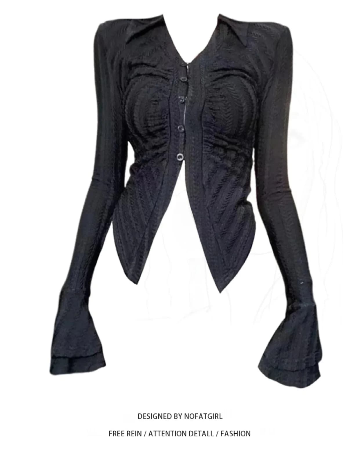 plus Size Women's Sweet And Spicy Design Slim Fit Long Sleeve T-Shirt with Flared Sleeves Commute Style Korean Version V-Neck