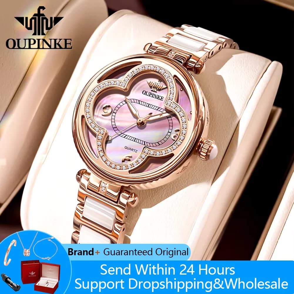 OUPINKE 3272 Orologio da donna Movimento al quarzo importato Orologio alla moda per donna Cinturino in acciaio ceramico Orologio da polso da donna impermeabile 50M