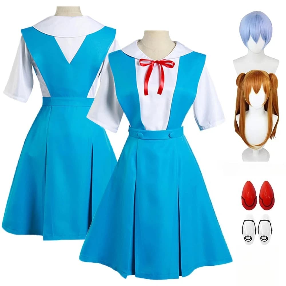 Costume Cosplay Anime Rei Ayanami, Uniforme Scolastica Asuka Langley Soryu, Parrucca, Fermagli per Capelli, Abbigliamento Loli per Feste di Halloween