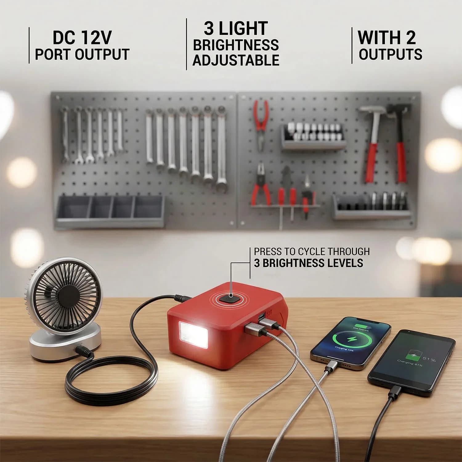 Faro LED Ricaricabile per Batteria Power X Change 18V con Hub di Ricarica USB e Interfaccia 12V per Lavori all'Aperto e Riparazioni