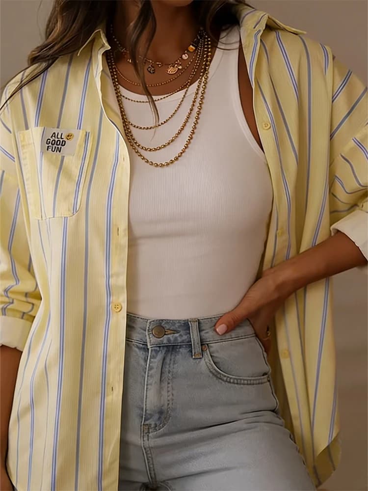 Camicia Oversize da Donna a Righe Gialle e Blu con Bottoni sul Retro, Maniche Lunghe, Casual, Morbida, Alla Moda, Top Estivo