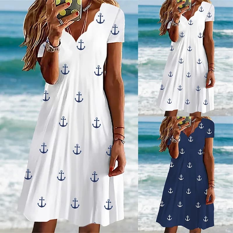 Abito Estivo Casual a Trapezio Stile Fresco e alla Moda, con Scollo a V Ondulato, Maniche Corte, Stampa Ancore e Motivo Floreale, Elasticizzato, Sexy