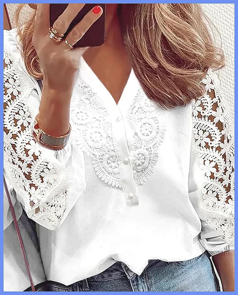 Elegant White Lace Blouse with Traforated Panels and Long Sleeves for Women, Office Elegant Top