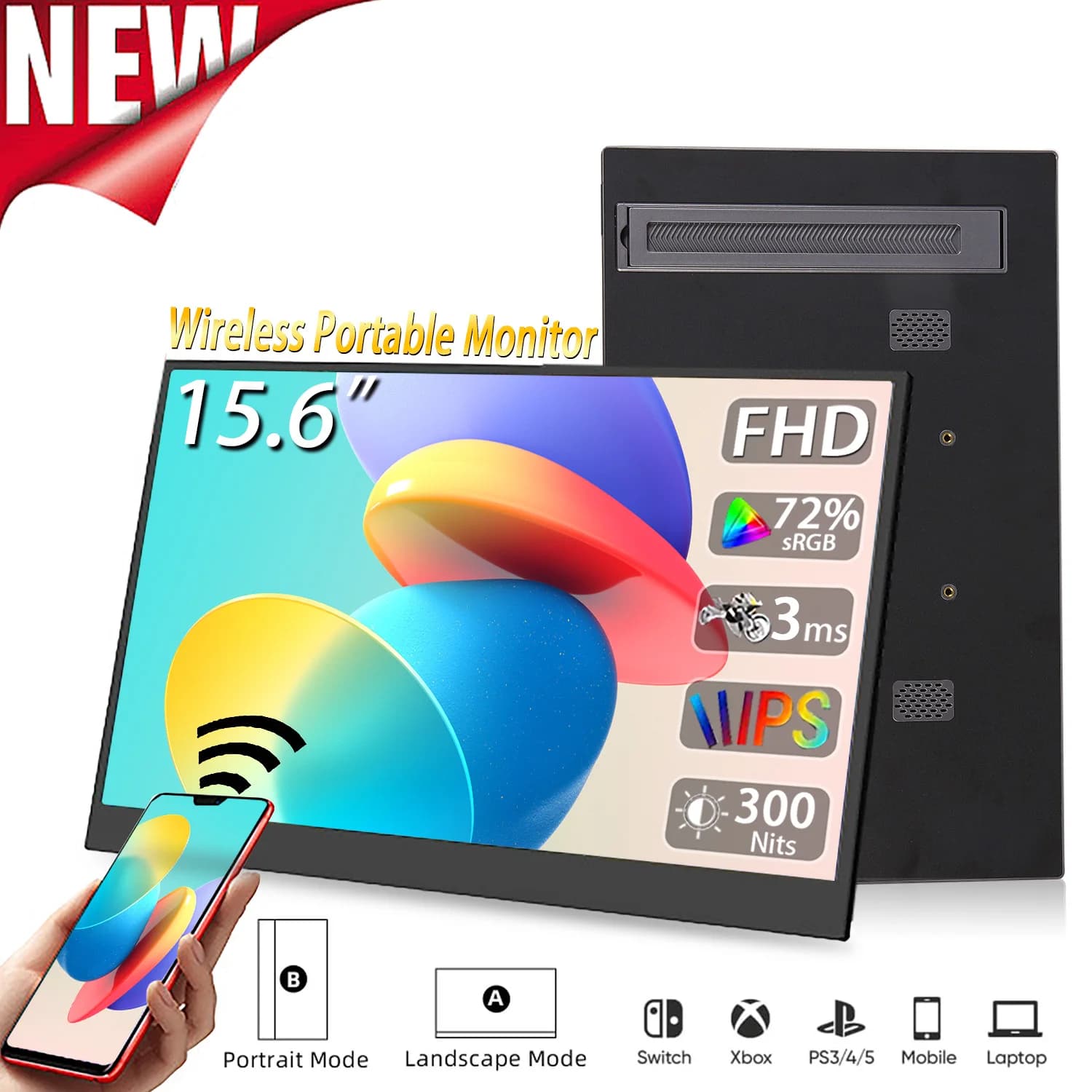Monitor per Proiezione Wireless da 15.6 Pollici con Rotazione Automatica, Display Portatile per Telefono, Schermo da Viaggio con Luce Blu Ridotta per Laptop, Mac e Telefono WiFi