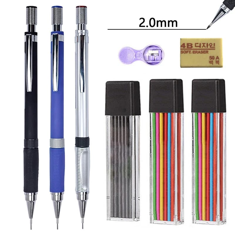 2mm Mechanical Pencil Set with Color/Black Lead Art Drawing Design Automatic Pencil Writing Student Office School Stationery Kit