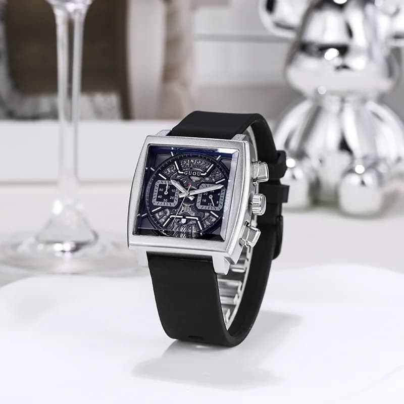Nuovo orologio sportivo da uomo quadrato con quadrante grande con cinturino in silicone, nuovo orologio al quarzo multifunzionale, elegante orologio da polso al quarzo.