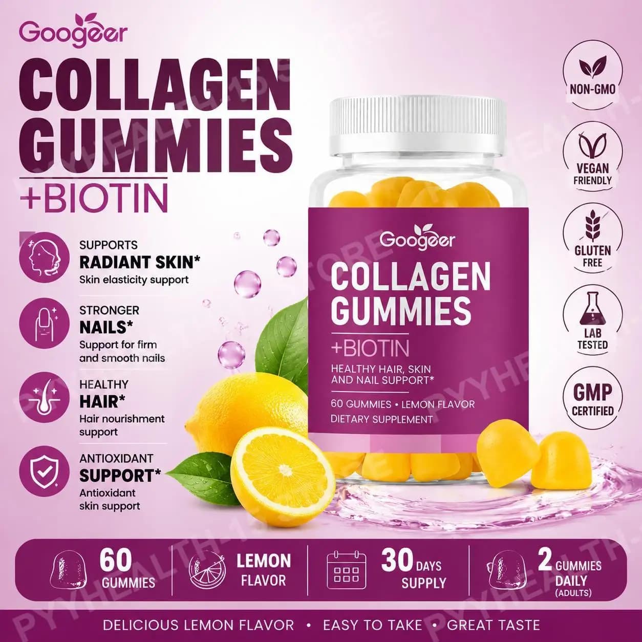 Googeer Collagen Gummies with Biotin Vitamin C Vitamin E Zinc, Lemon Flavor Hair Skin Nails Daily Beauty Support, 60 Gummies