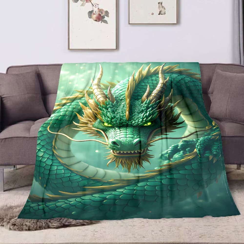 1 coperta stampata con drago verde che si arrampica verso l'alto, coperta multiuso per tutte le stagioni, adatta per divano, campeggio, viaggi, auto