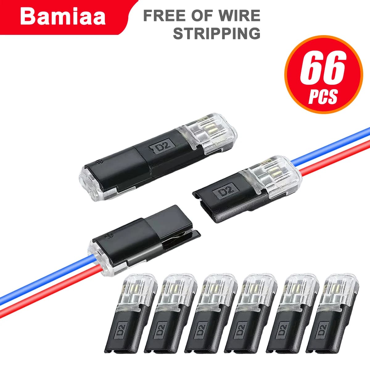 66/16pcs, No-Strip Interlocking Terminals; LED Quick-Connect Dual-Pin, Dual-Channel D2 Wire Connectors for Safe Wire Routing.