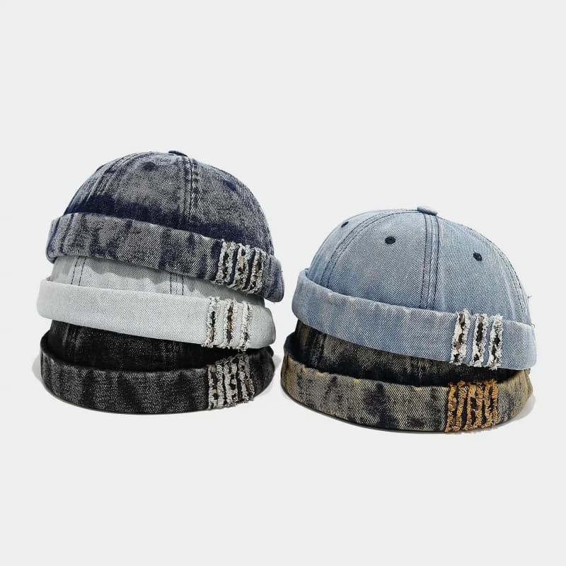 Japanese Style Washed Denim Brimless Sailor Hat Couple Casual Distressed Rolled Edge Landlord Skull Cap