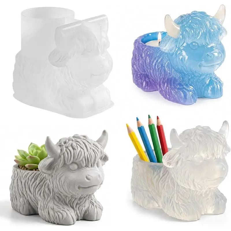 1Highland Cow Flowerpot Mold，3DSilicone Mold，Suitable for epoxy resin and candles。Plaster production