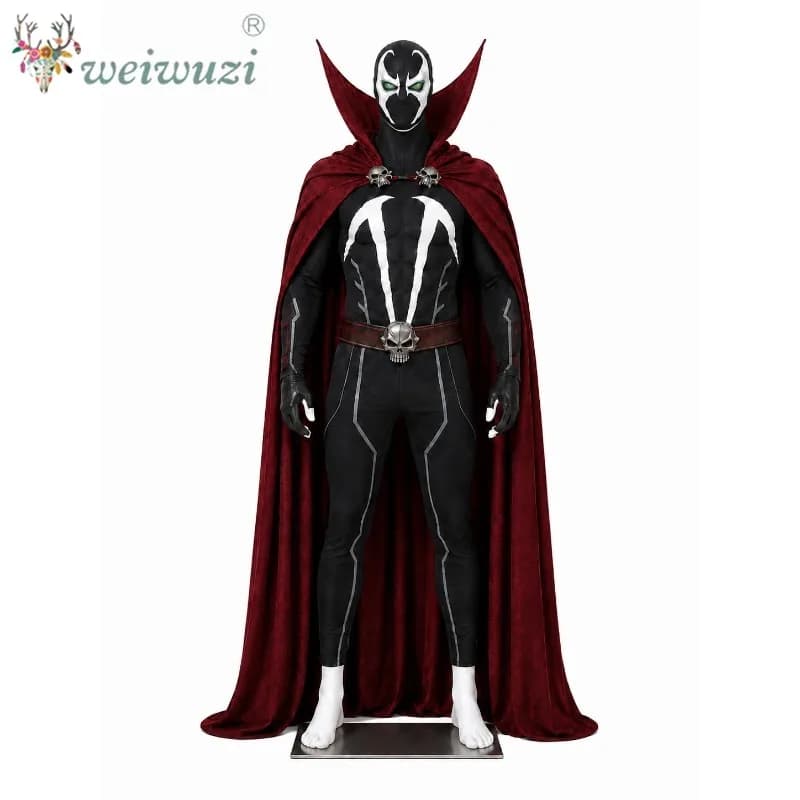Men Cosplay Costume Full Set Black Bodysuit with Red Cape Skull Belt and Mask Halloween Costume for Comic Con Carnival Theme