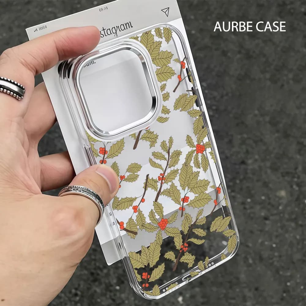 Custodia Aurbe per iPhone 17 16 15 14 13 12 11 Pro Max 16E con cornice lente argentata e cover trasparente Holly Berries