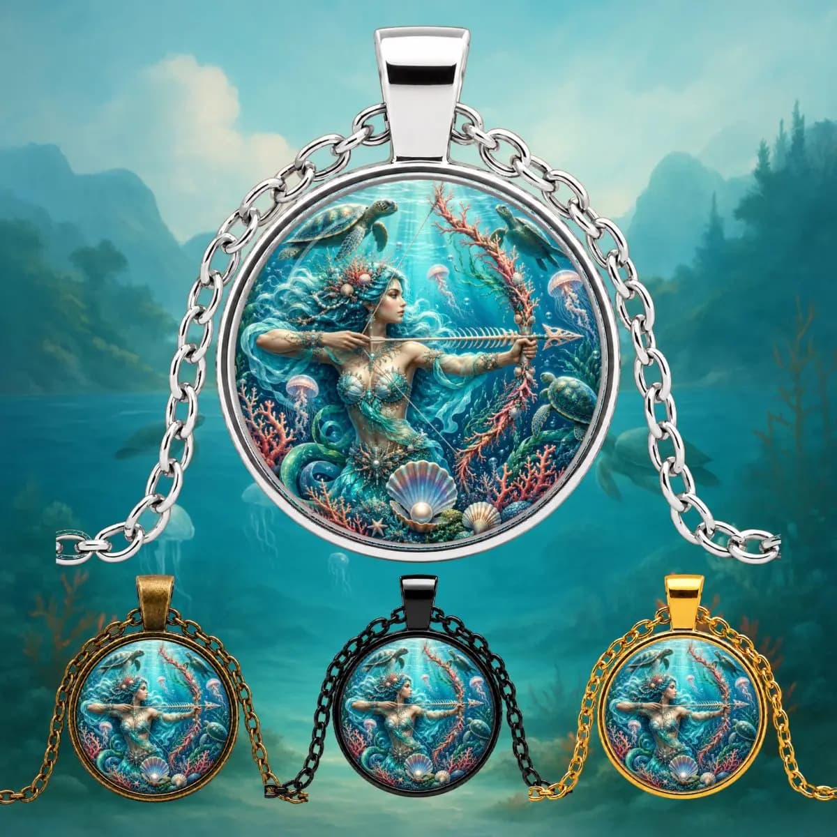 1PC Zinc Alloy Pendant Necklace Round Ocean Fantasy Insert Design, Coral Turtle Jellyfish Shell Art Medallion, Blue Green Statement Jewelry, Plus Matching Gift Accessory Key Chain