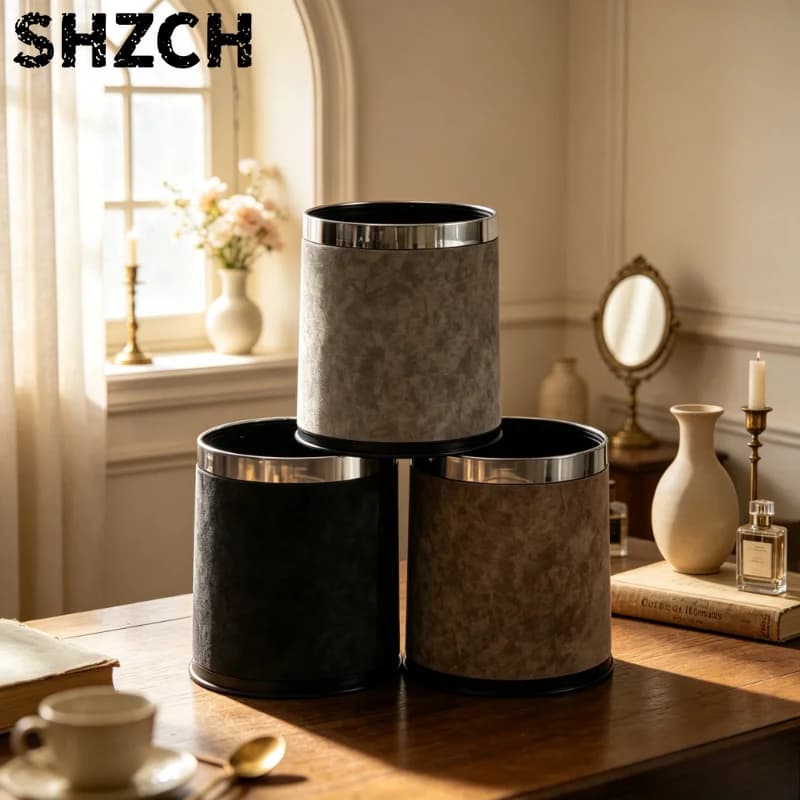 Modern Leather Waste Basket Large Capacity Double Layer Trash Can for Bedroom Bathroom Office Waterproof Durable Easy Clean