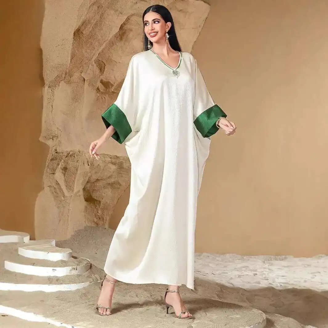 Ba5078 Nuovo Abito a Collo a V con Blocchi di Colore per Donne, Leggero, Fresco, Morbido, Traspirante, Comodo Abito Lungo Islamico Elegante