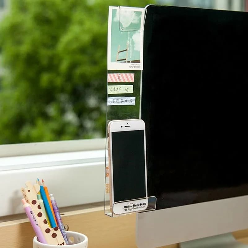 Lavagna laterale per schermo del computer con porta di ricarica, supporto per telefono, lavagna per appunti adesivi, clip per registrazioni in acrilico
