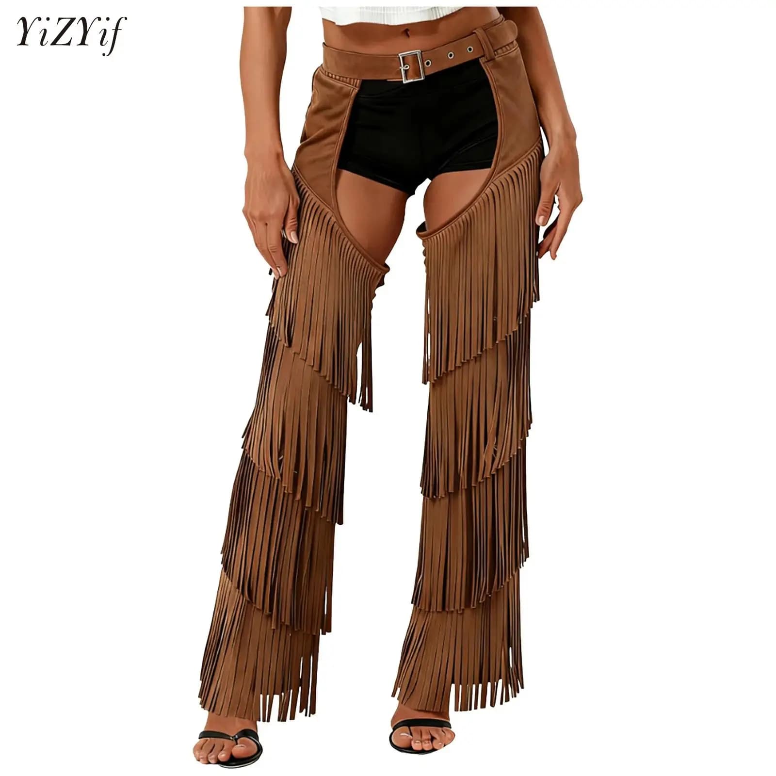 Pantaloni Chaps da Cowboy Western Unisex in Finta Pelle Scamosciata con Nappe, Apertura all'Inguine, Fibbie in Vita, Stile Motociclista