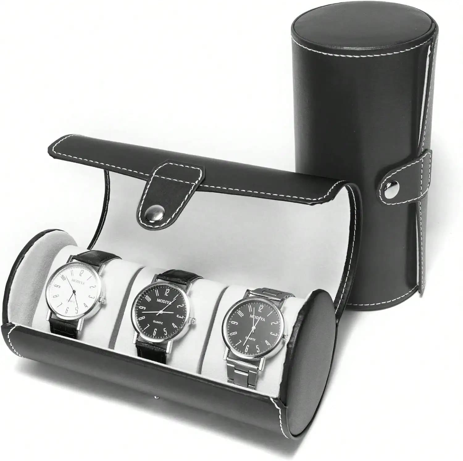 Custodia da viaggio per orologi – Portaorologi in similpelle da uomo, custodia portatile a 3 scomparti con morbidi cuscini in schiuma, organizer adatto per orologi da 60 mm