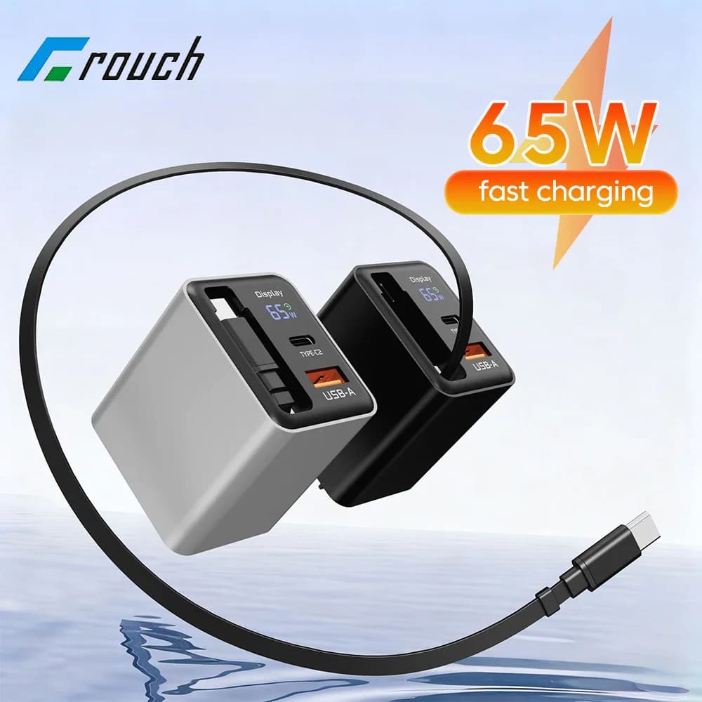 Caricatore USB C da 65 W con cavo retrattile Display digitale Caricatore per telefono cellulare Adattatore di ricarica rapida per iPhone 15 16 17 Samsung