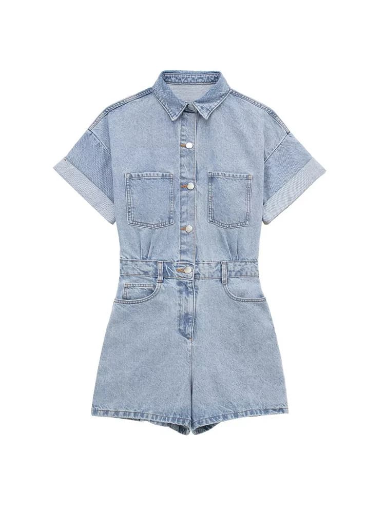 Tuta corta in Denim tascabile donna Casual top tinta unita alla moda semplice e confortevole in vita abbigliamento intero