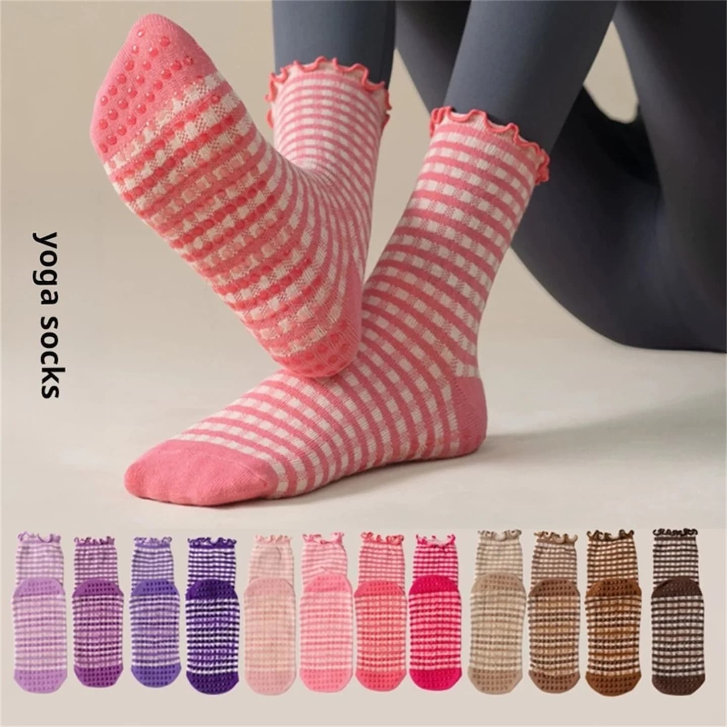 Calzini da yoga con bordo in pizzo per donna, suola antiscivolo in silicone - Confezione da 12 paia per pilates, esercizi indoor, corsa, saltare con la corda, trampolino