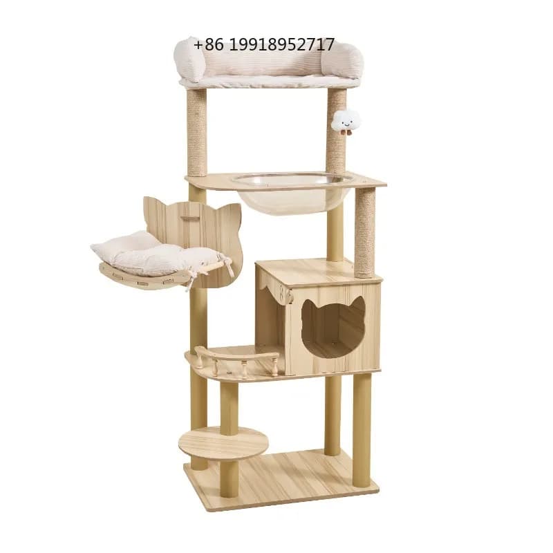 Large Wooden Tree Condo Multi Level Cat Tower Scratching Post Space Saving Indoor Capsule House Cat Condo Cat Furniture