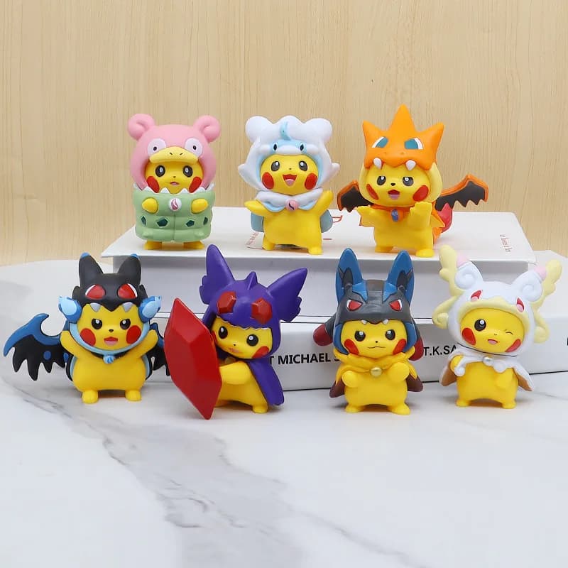7 pezzi/set Pokemon Cosplay Figure Set Pikachu in travestimento, collezione di modelli in PVC Action Kawaii regalo per i fan
