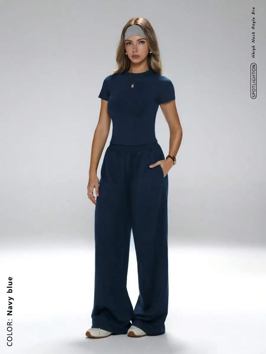 Set 2 Pezzi: T-Shirt Blu Girocollo e Pantaloni a Gamba Larga, Abbigliamento Sportivo Casual Minimalista
