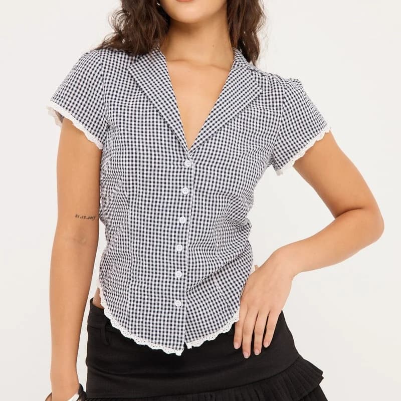 Camicia da donna Y2k Coquette abbottonata Camicia con bottoni Manica ad aletta Preppy Slim Fit Estate anni '90 Crop Top Camicetta Colletto con risvolto vintage Top