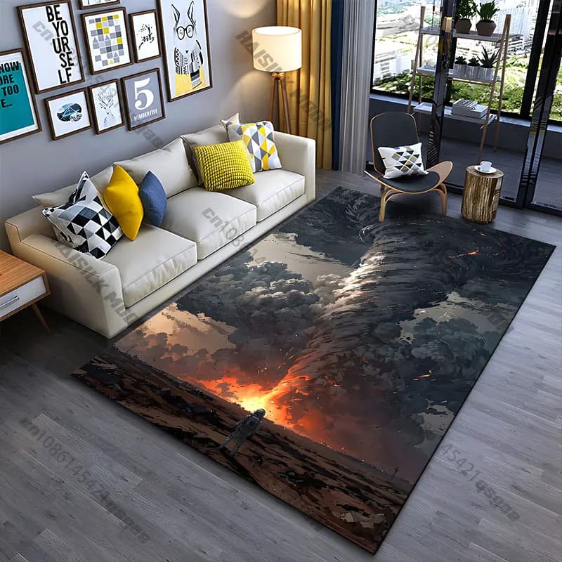 Play and decorative carpet for living room, yoga, children, anti-slip, with reasons of destruction, chaos, flames and storm