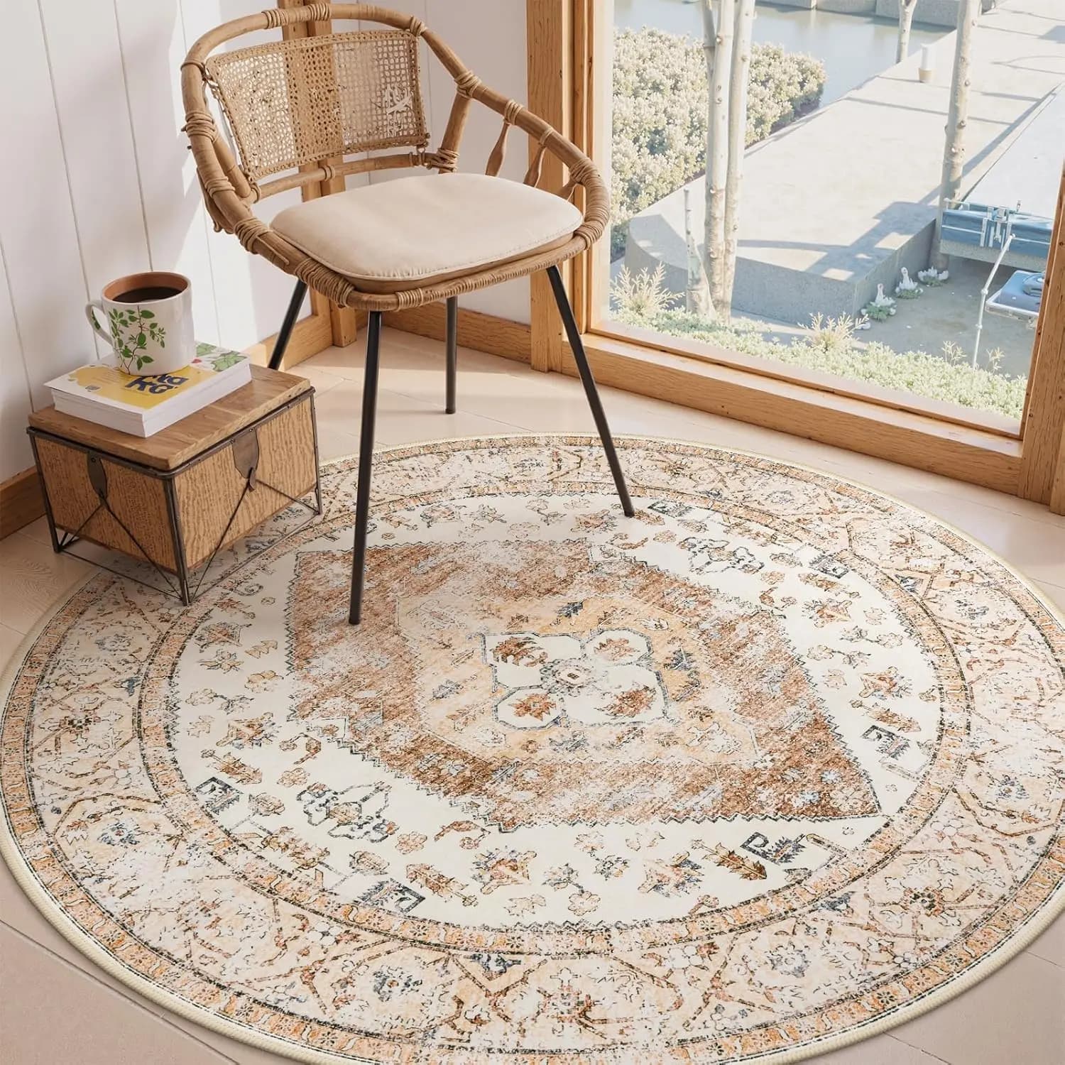 Washable 6-foot round carpet for living room, dining room, office, bedroom, sofa, carpet with aged oriental print