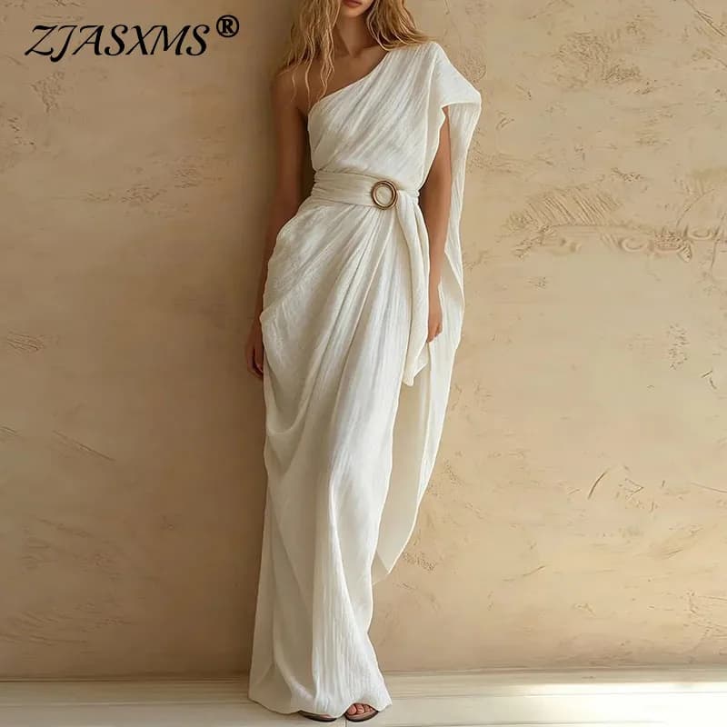 Women Crinkle Texture Solid One Shoulder Maxi Dress Draped Wrap Belted Waist With Ring Buckle Flowy Robe Summer Holiday Sundress